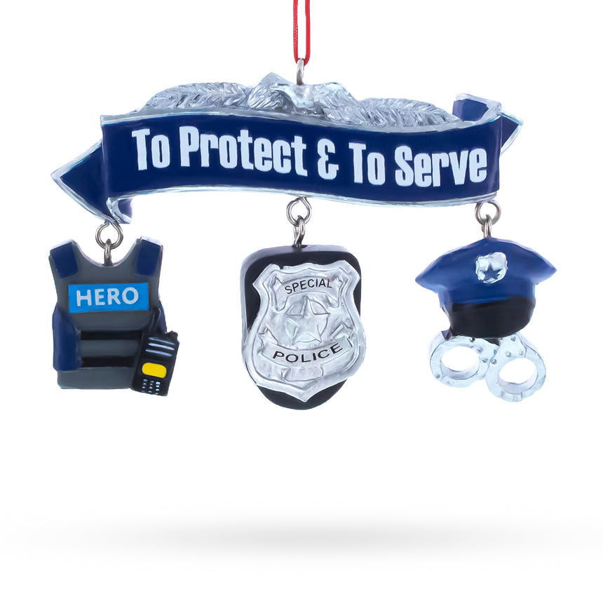 Resin Serve Honor & Protect Police Badge and Gear Resin Christmas Ornament in Blue color