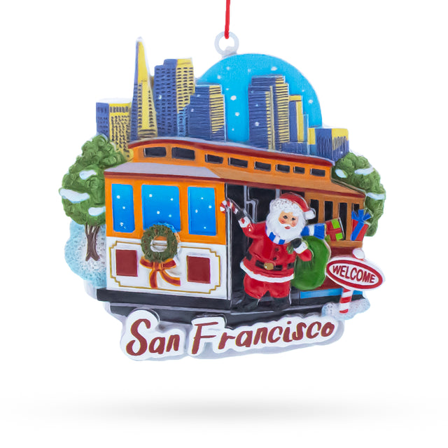 Resin San Francisco Cable Car with Santa and City Skyline Resin Christmas Ornament in Multi color