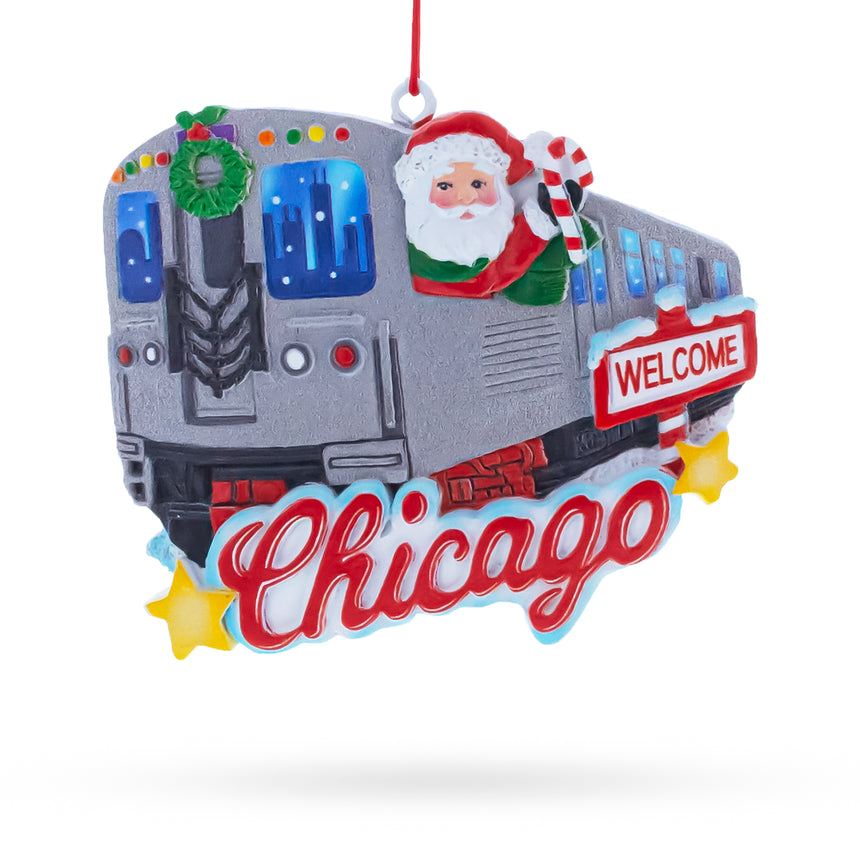 Resin Chicago Train with Santa and Welcome Sign Resin Christmas Ornament in Multi color