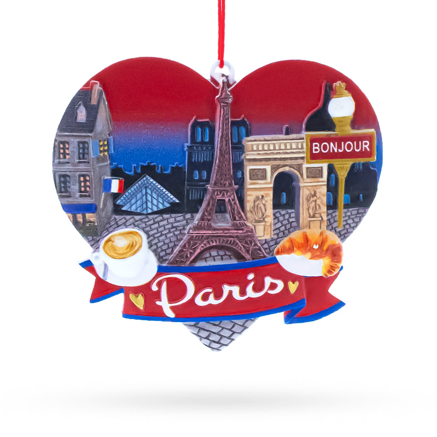 Resin Paris Heart with Eiffel Tower and Bonjour Café Resin Christmas Ornament in Multi color