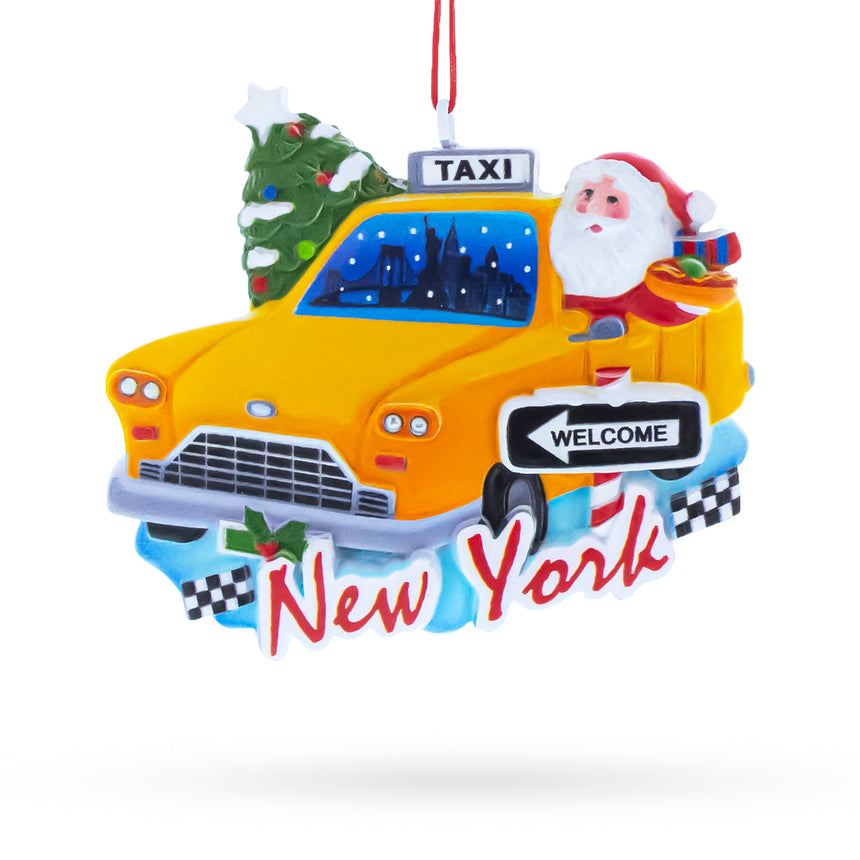 Resin New York Taxi with Santa and Christmas Tree Resin Christmas Ornament in Yellow color