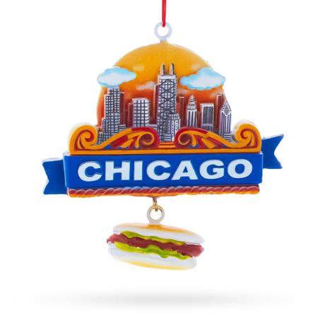 Resin Chicago Skyline with Hot Dog Resin Christmas Ornament in Multi color