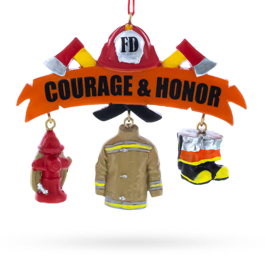 Resin Courage & Honor Firefighter Gear Resin Christmas Ornament in Orange color