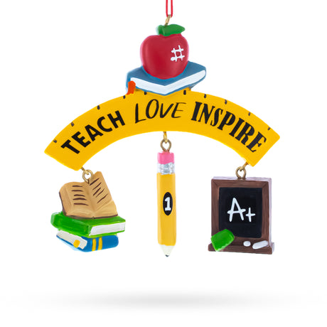 Resin Teach Love Inspire Teacher's Apple and Pencil Resin Christmas Ornament in Yellow color