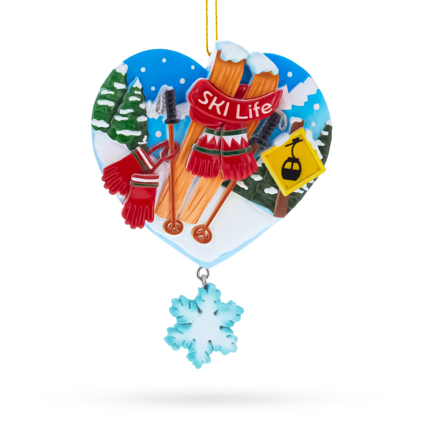 Resin Ski Life Skis with Snowflake and Cable Car Resin Christmas Ornament in Multi color