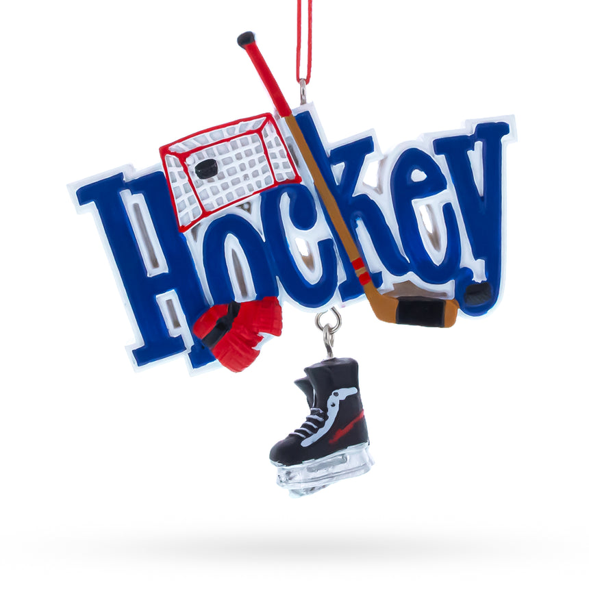 Resin Hockey Word Art with Skates and Stick Resin Christmas Ornament in Blue color