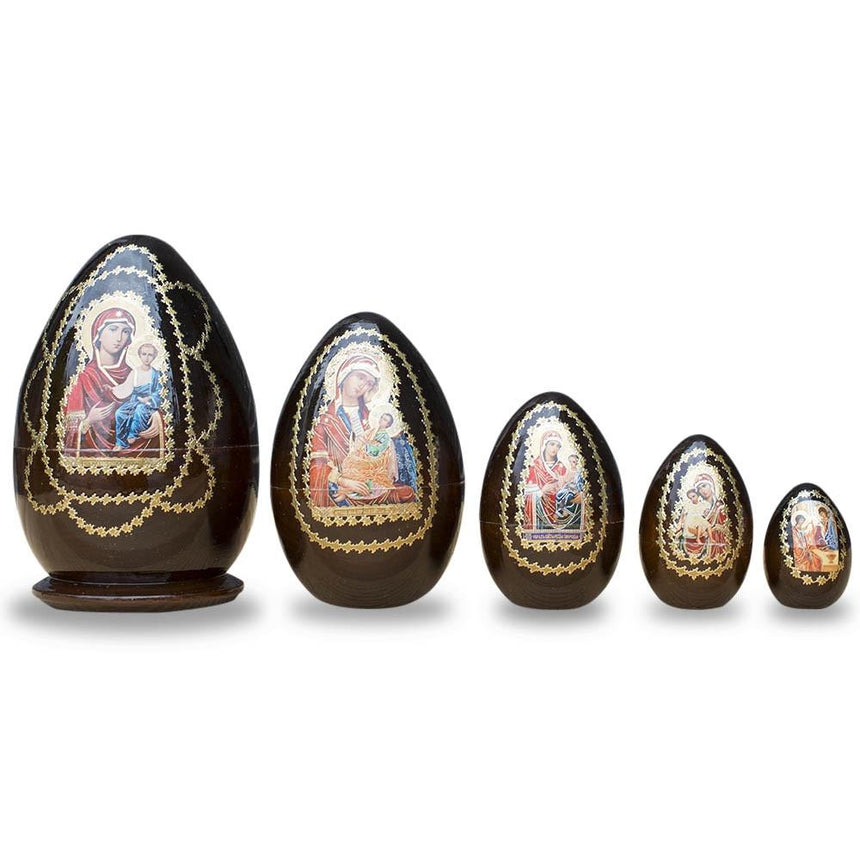 Wood Set of 5 Orthodox Icons Egg Shape Virgin Mary & Saints Wooden Nesting Easter Egg Shape Figurines 6.5 Inches in Multi color Oval