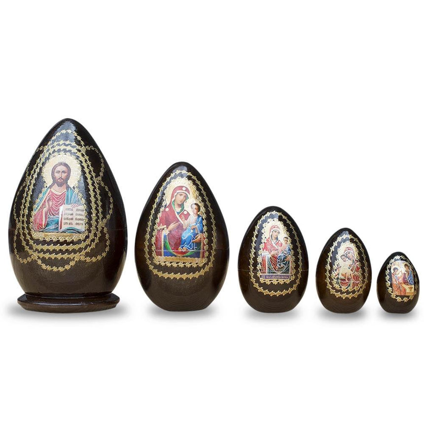 Wood Set of 5 Orthodox Icons Egg Shape Wooden Nesting Dolls 6.5 Inches in Multi color Oval