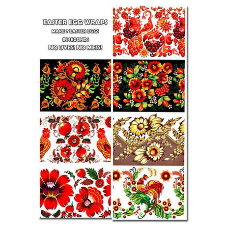 7 Petrykivka Red & Gold Floral Designs with Roosters Ukrainian Easter Egg Decorating Wraps Heat Shrink SleevesUkraine ,dimensions in inches: 5.5 x 3.4 x 0.01