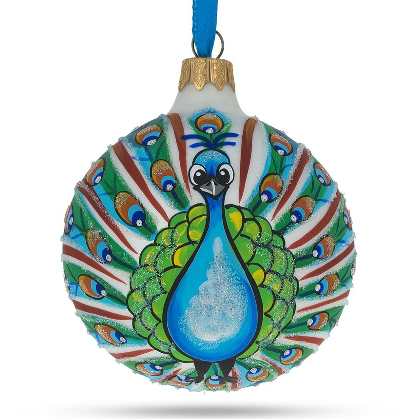 Glass Peacock Glittered Blown Glass Ball Christmas Ornament 3.25 Inches in Blue color Round