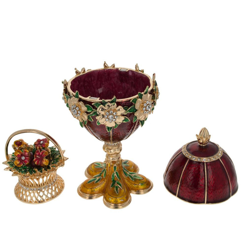 Shop 1901 Basket of Flowers Royal Imperial Easter Egg. Buy Royal Royal Eggs Imperial Red Oval Pewter for Sale by Online Gift Shop BestPysanky Faberge replicas Imperial royal collectible Easter egg decorative Russian inspired style jewelry trinket box bejeweled jeweled enameled decoration figurine collection house music box crystal value for sale real