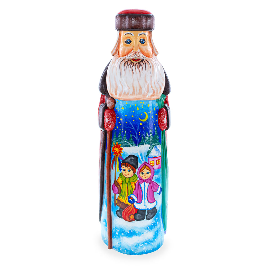 Wood Hand Carved Ukrainian Santa with Children Caroling Solid Wood Figurine 11 Inches in Multi color