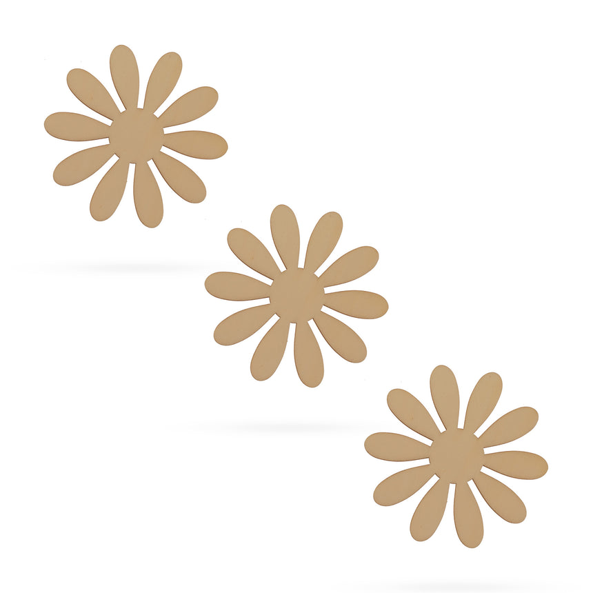 Wood 3 Flowers Unfinished Wooden Shapes Craft Cutouts DIY Unpainted 3D Plaques 4 Inches in Beige color