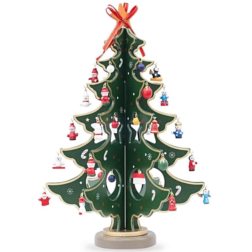 Wood Traditional Wooden Tabletop Christmas Tree 32 German Style Mini Christmas Ornaments, 12.5 Inches Tall in Green color Triangle