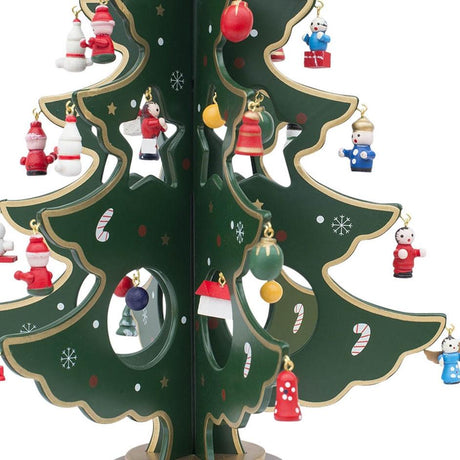 Traditional Wooden Tabletop Christmas Tree 32 German Style Mini Christmas Ornaments, 12.5 Inches Tall ,dimensions in inches: 12.5 x 12.3 x 10