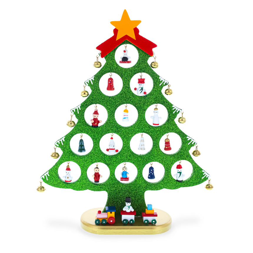 Wood Wooden Tabletop Christmas Tree with 25 Miniature Ornaments 12 Inches in Green color Triangle