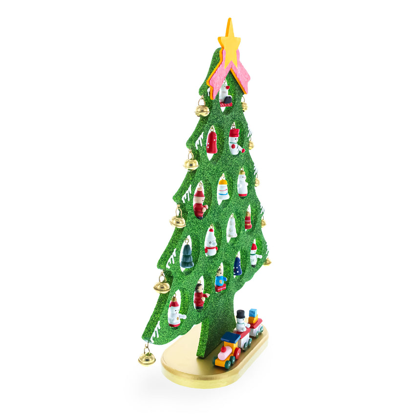 Wooden Tabletop Christmas Tree with 25 Miniature Ornaments 12 Inches ,dimensions in inches: 12 x 12 x 10