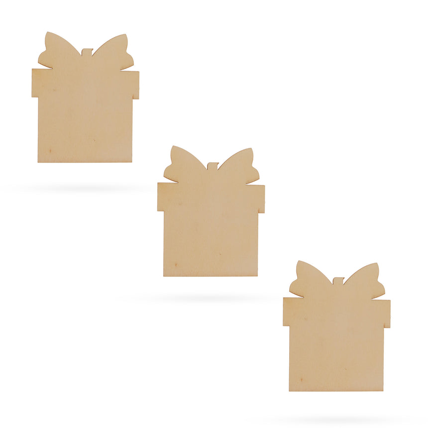 Wood 3 Gift Boxes Unfinished Wooden Shapes Craft Cutouts DIY Unpainted 3D Plaques 4 Inches in Beige color