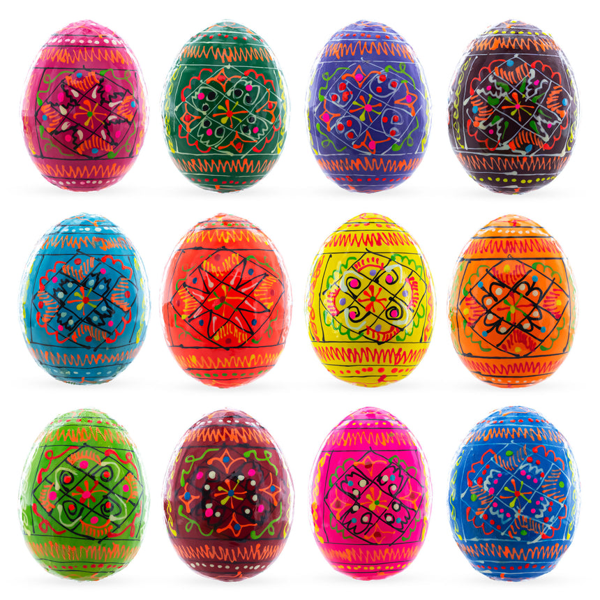 Wood Set of 12 Geometrical Wooden Ukrainian Easter Eggs Pysanky 2.5 Inches in Multi color Oval