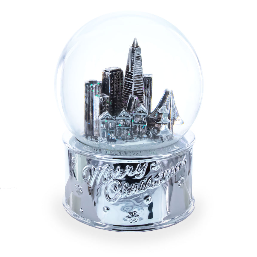 Glass San Francisco Landmarks with Silver Base Glass Water Snow Globe in Silver color