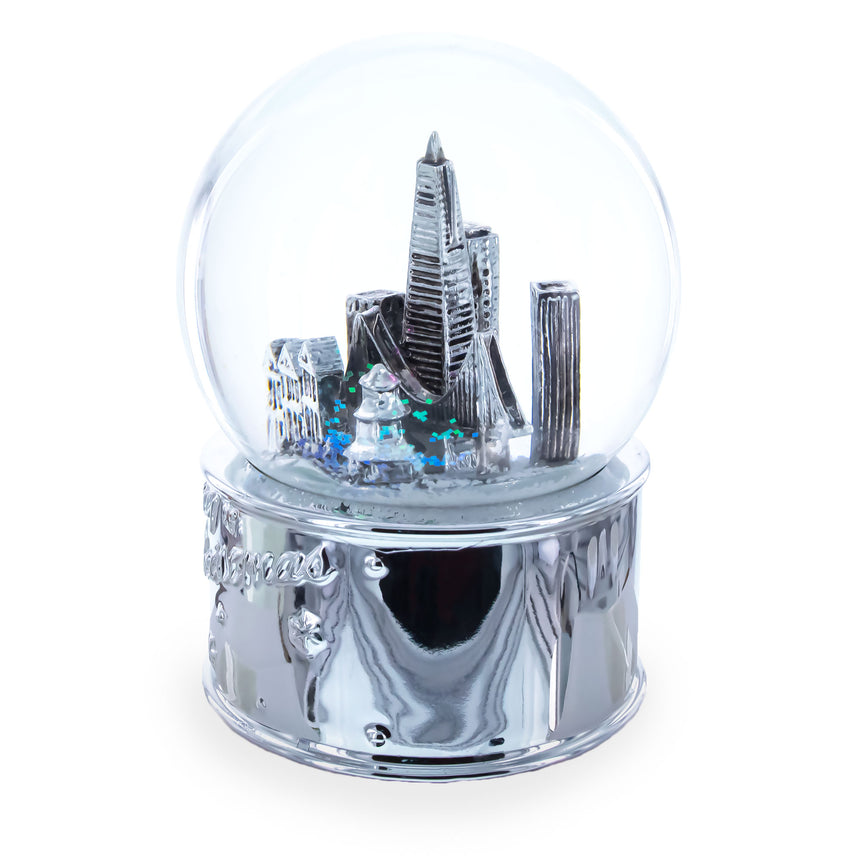 San Francisco Landmarks with Silver Base Glass Water Snow Globe ,dimensions in inches: 4.8 x 3.4 x 3.4