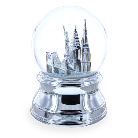 New York City Skyline with Silver Base Water Snow Globe ,dimensions in inches: 4.8 x 3.4 x 3.4