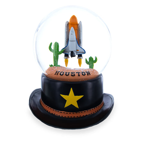 Glass Houston Space Shuttle with Cowboy Hat Base Glass Water Snow Globe in Brown color Round