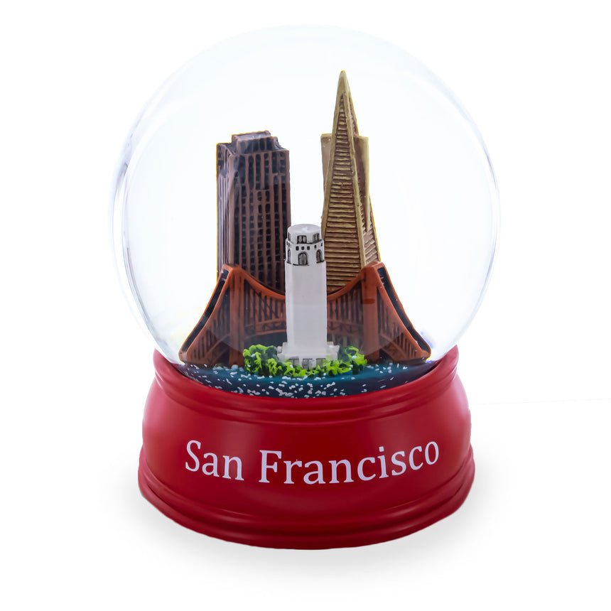 Glass San Francisco Skyline with Iconic Landmarks Water Snow Globe in Red color Round