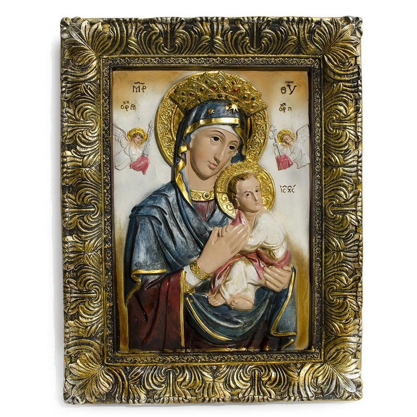 Resin Virgin Mary and Baby Jesus Religious Icon – Ornate Framed Wall Art for Christian Home Decor 12 Inches in Multi color Rectangular