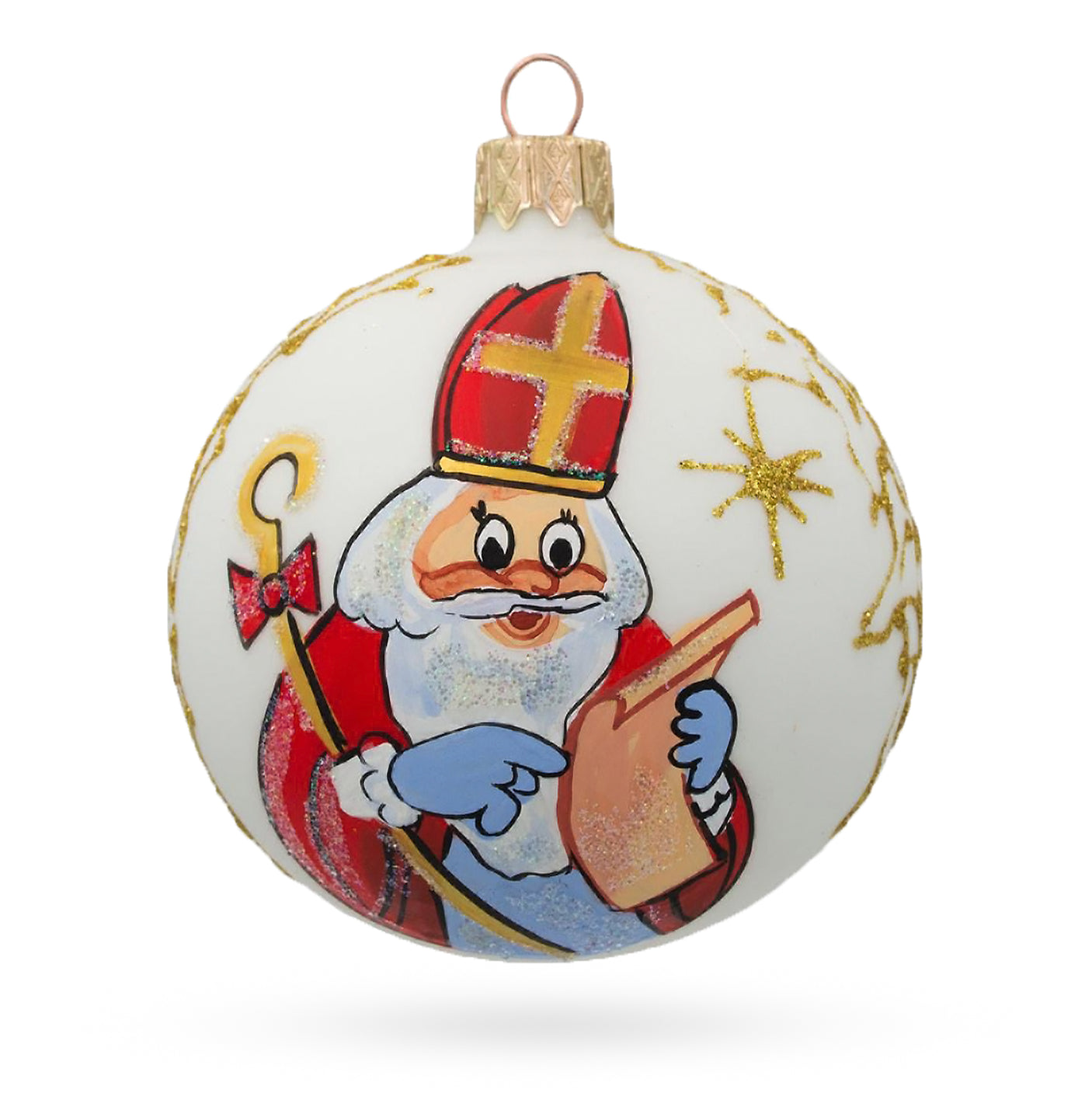 Glass St. Nicholas Perusing His Gift List  Blown Glass Ball Christmas Ornament 3.25 Inches in White color Round