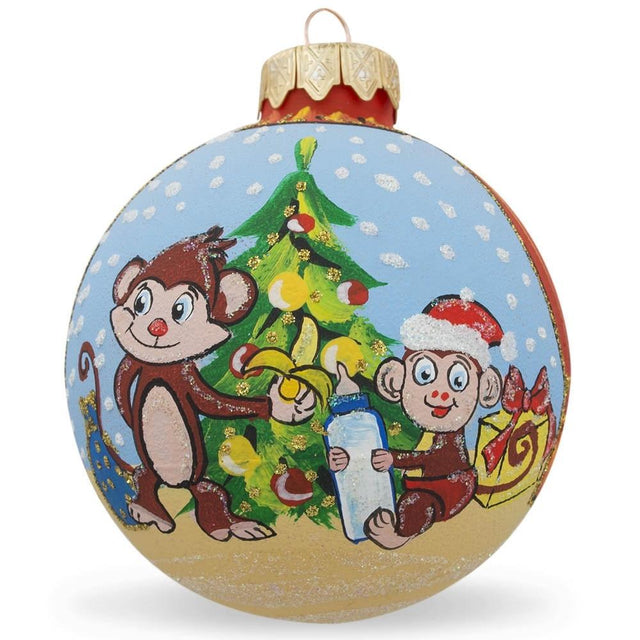 Glass Heartwarming Monkey and Baby by Christmas Tree - Artisan Blown Glass Ball Christmas Ornament 3.25 Inches in Multi color Round