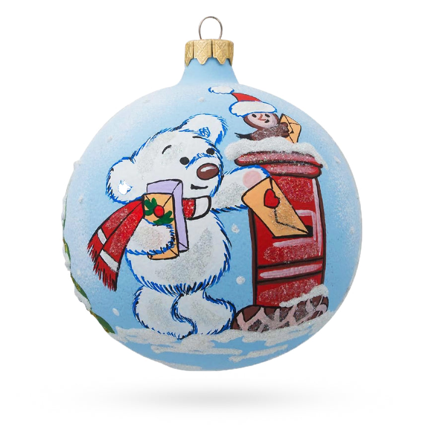 Glass Bear Mailing Christmas Wish List Blown Glass Ball Christmas Ornament  3.25 Inches in Blue color Round