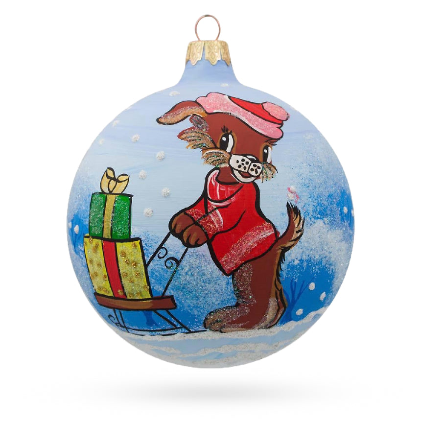 Glass Dog Delivering Christmas Gifts on Sleigh Blown Glass Ball Christmas Ornament 4 Inches in Blue color Round