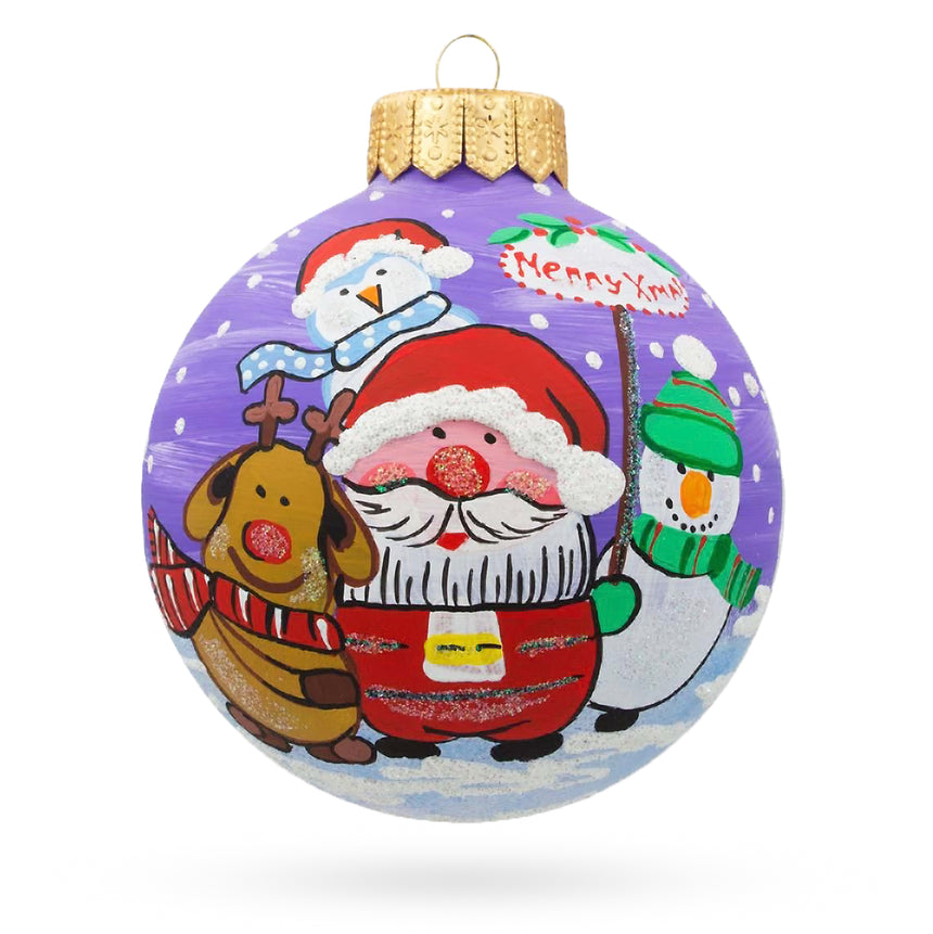 Glass Santa, Reindeer, and Snowman Friends Glass Ball Christmas Ornament 3.25 Inches in Purple color Round