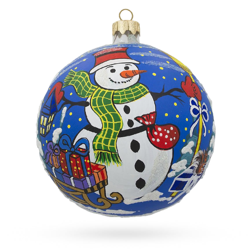 Glass Festive Snowman with Gifts - Glass Ball Christmas Ornament 3.25 Inches in Blue color Round