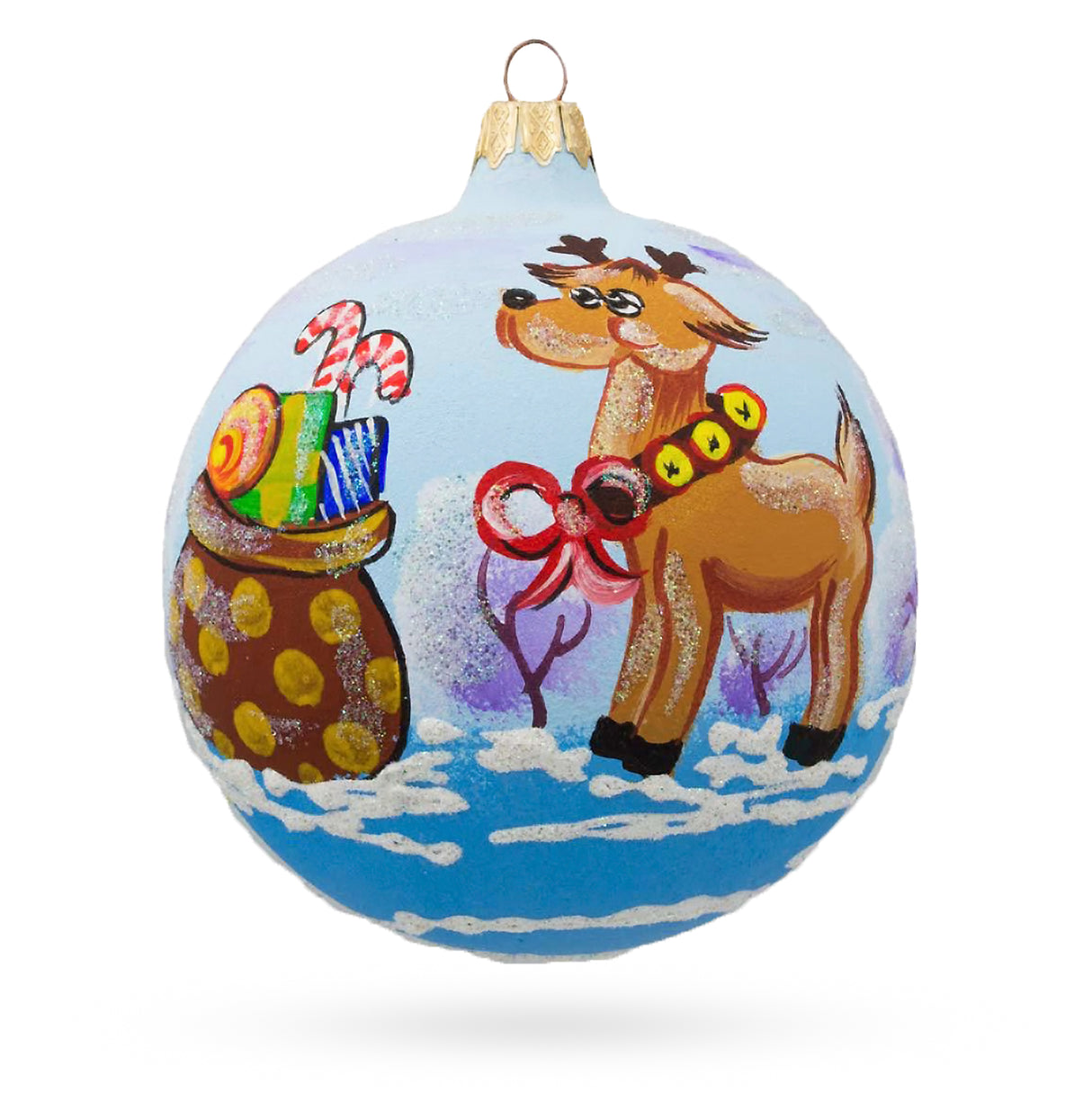 Glass Festive Reindeer Carrying Bag of Gifts Blown Glass Ball Christmas Ornament 3.25 Inches in Multi color Round