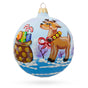 Glass Festive Reindeer Carrying Bag of Gifts Blown Glass Ball Christmas Ornament 3.25 Inches in Multi color Round