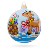 Glass Reindeer Carrying Bag of Gifts Glass Ball Christmas Ornament 3.25 Inches in Multi color Round