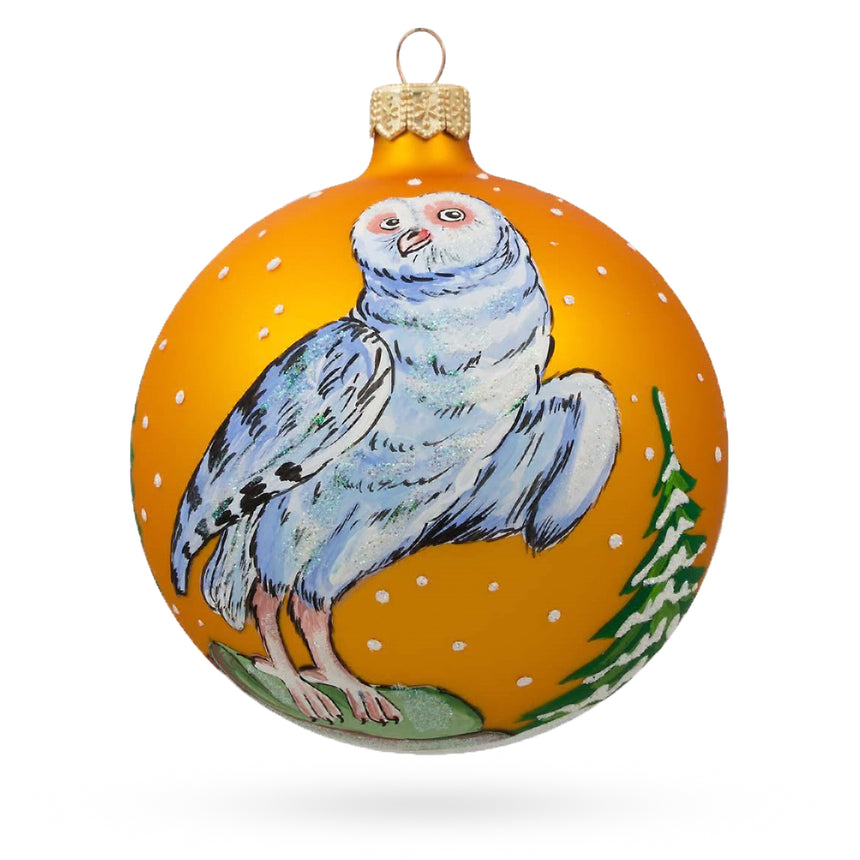 Glass Majestic White Owl Perched by Winter Tree Glass Ball Christmas Ornament 4 Inches in Orange color Round