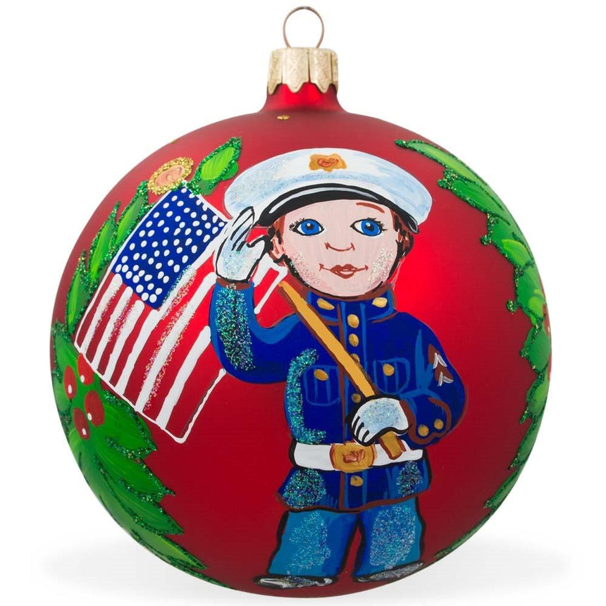 Glass Semper Fi Splendor: USA Marine with American Flag Blown Glass Ball Patriotic Christmas Ornament 4 Inches in Red color Round