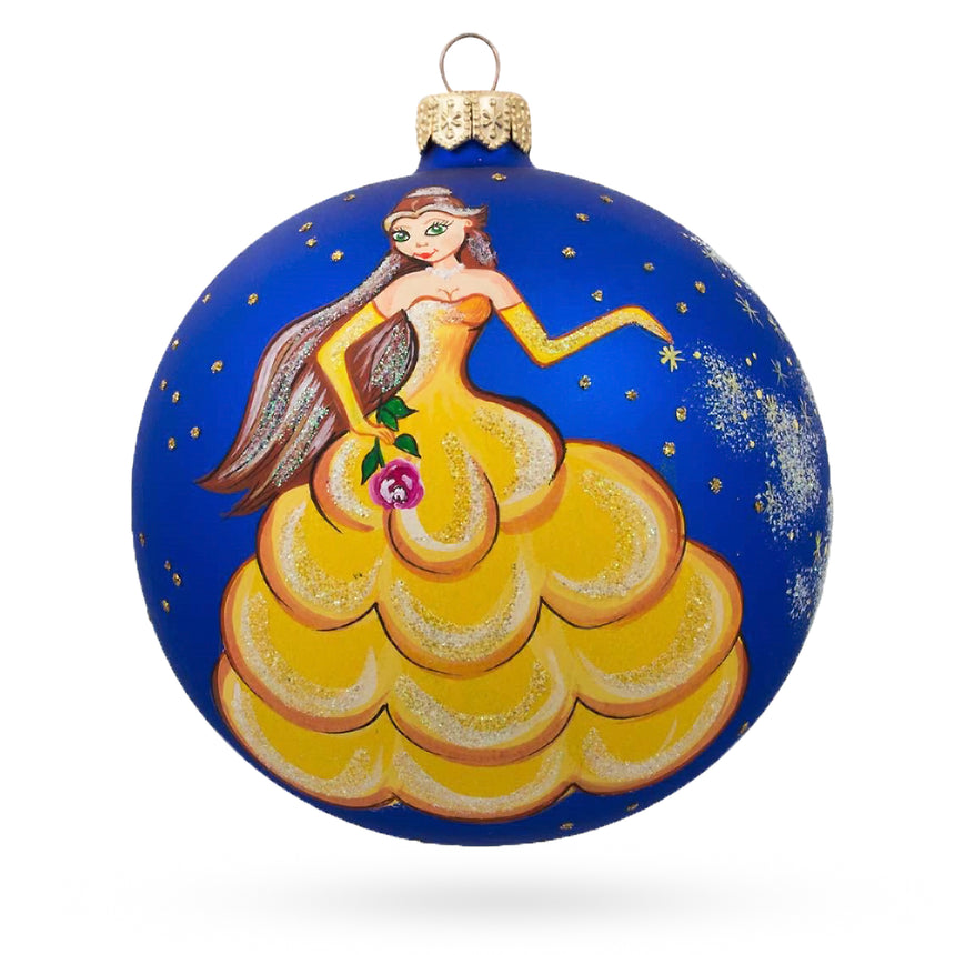 Glass Princess Adorned with a Floral Crown on Luxurious Blown Glass Ball Christmas Ornament 4 Inches in Blue color Round