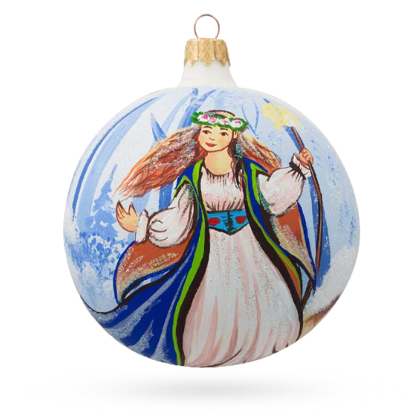 Glass Delicate Fairy on Sparkling Blown Glass Ball Christmas Ornament 4 Inches in White color Round