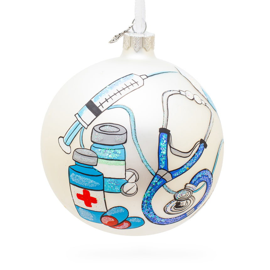 Glass Compassionate Nurse or Doctor on Blown Glass Ball Christmas Ornament 4 Inches in White color Round