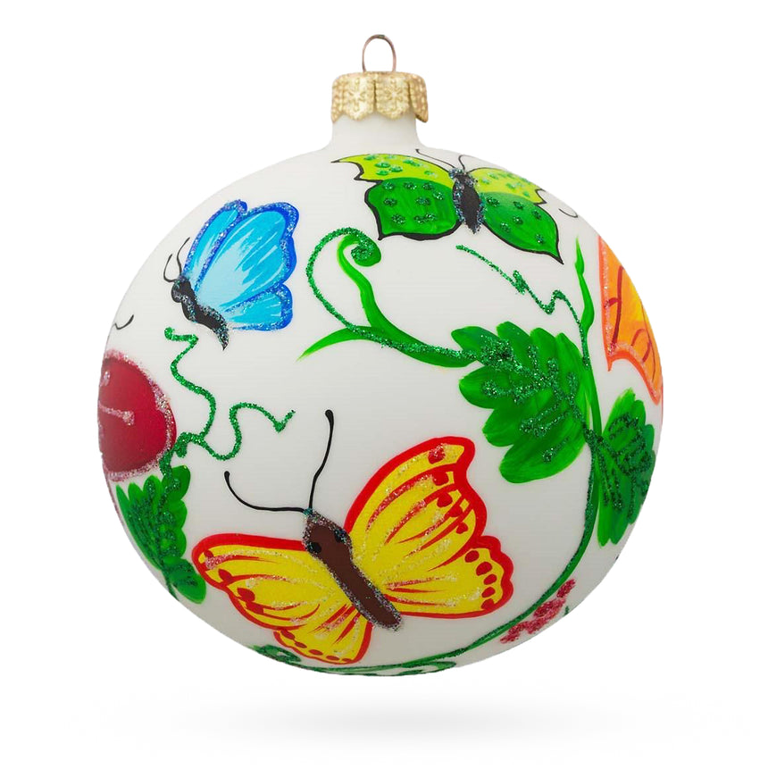 Glass Delicate Butterflies on Blown Glass Ball Christmas Ornament 4 Inches in White color Round