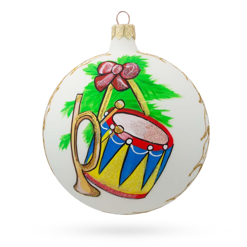 Glass Trumpet and Drum Music Instruments Blown Glass Ball Christmas Ornament 4 Inches in White color Round