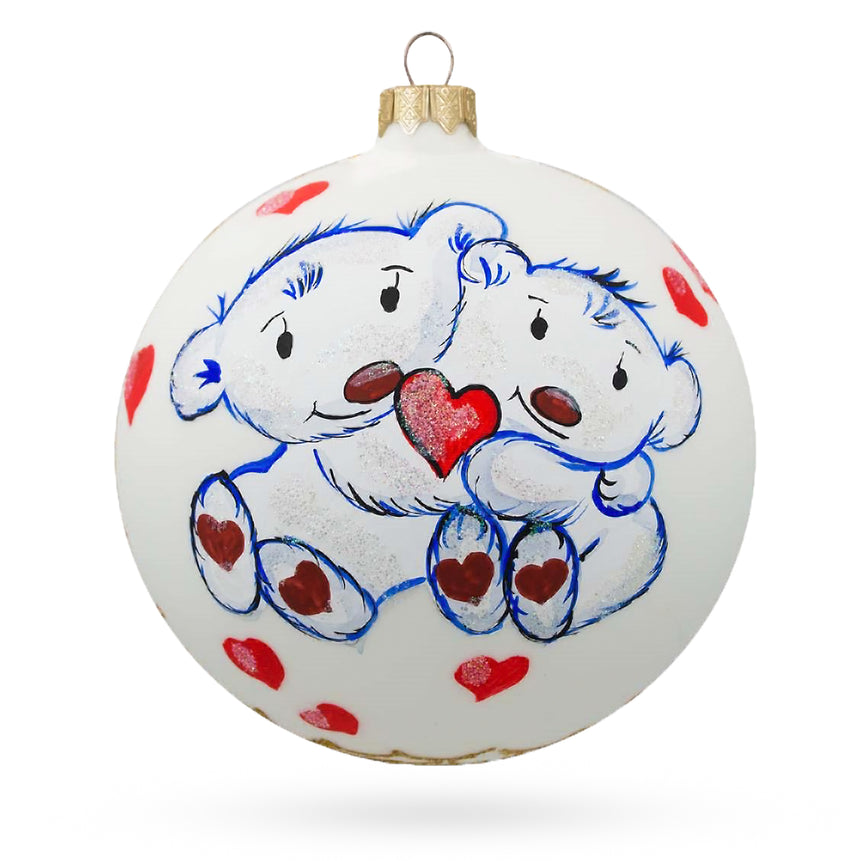 Glass Two Bears in Love Glass Blown Ball Christmas Ornament 4 Inches in White color Round