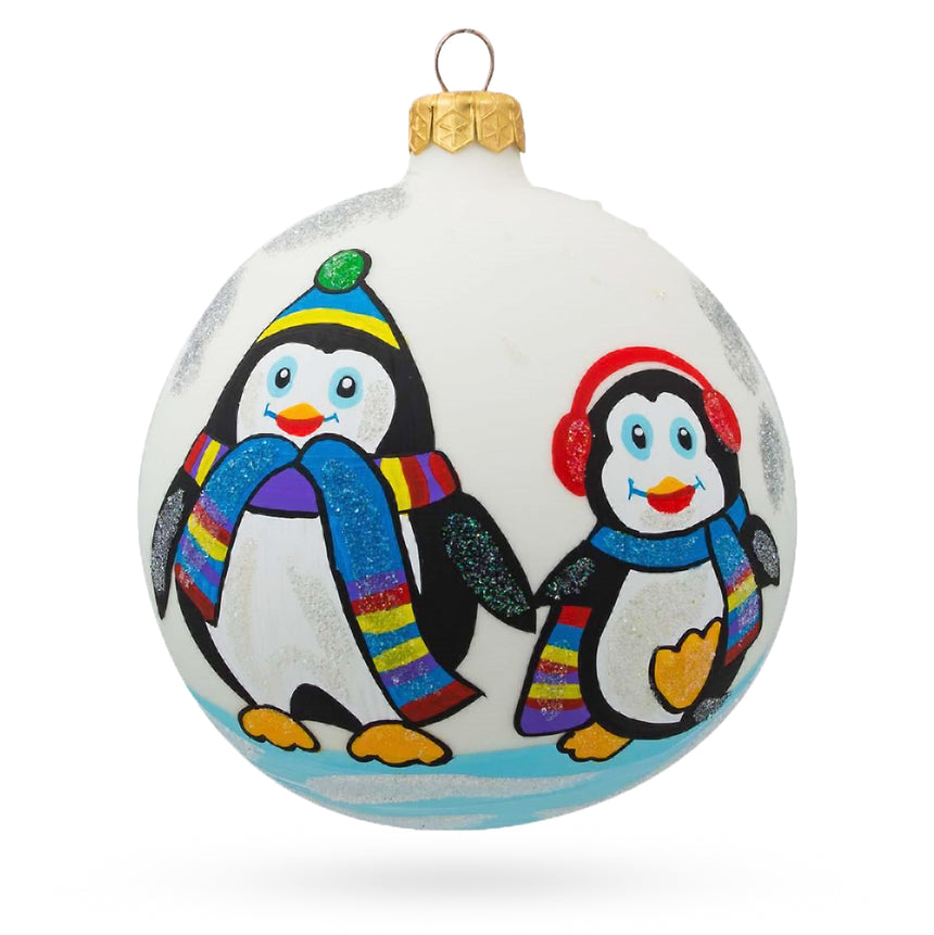 Glass Two Penguins Blown Glass Ball Christmas Ornament 4 Inches in Multi color Round