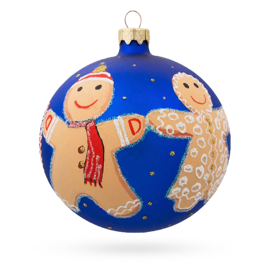 Glass Gingerbread Family with Candy Cane Blown Glass Ball Christmas Ornament 4 Inches in Blue color Round