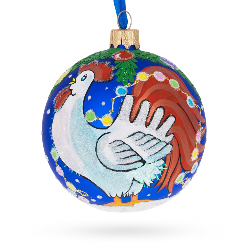 Glass White Rooster Adorned with Holiday Lights Glass Ball Christmas Ornament 3.25 Inches in Multi color Round