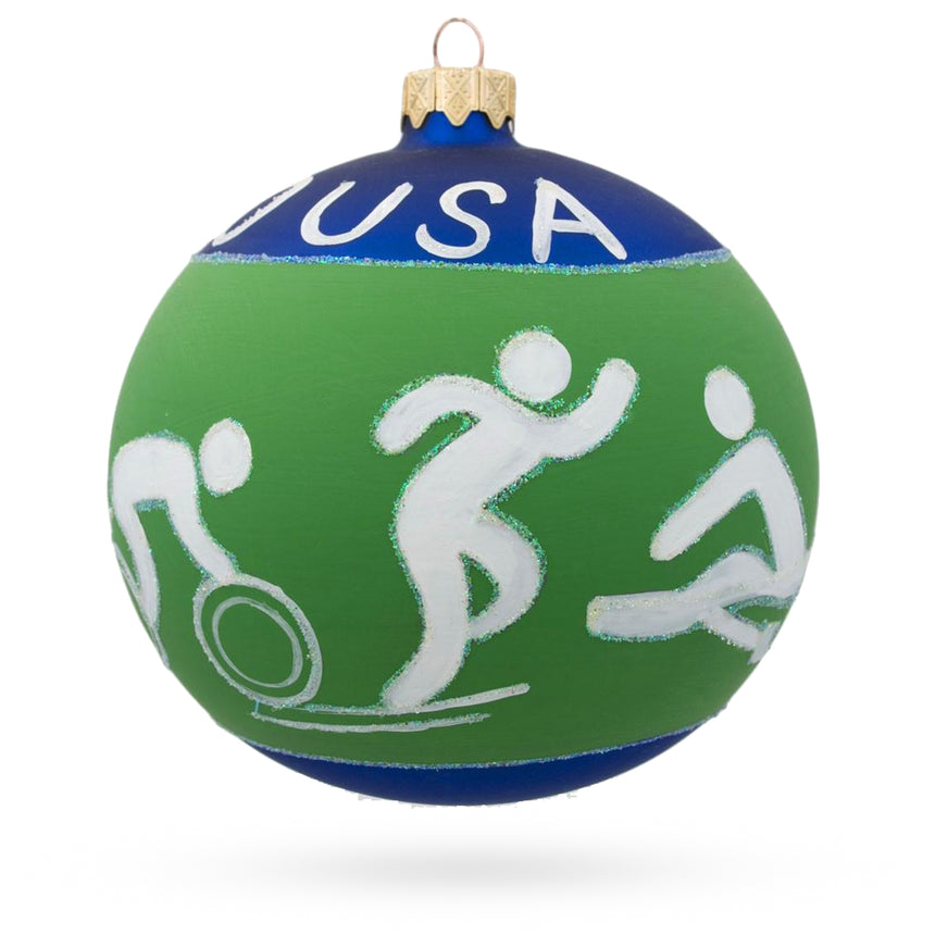 Glass Swimming, Boxing, Biking, Track, Rowing Sports Blown Glass Ball Christmas Ornament 4 Inches in Green color Round